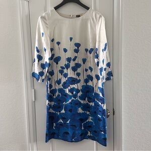 Brooks Brothers Blue & White Floral Silk Dress Size 10 3/4 Sleeves Lightweight